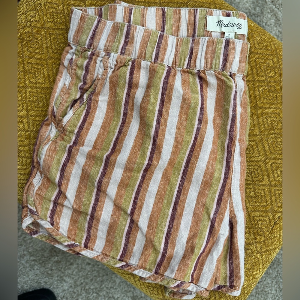 Madewell Linen Striped Shorts | Multicolor | Pull-On Elastic Waist | Size M - Picture 7 of 8